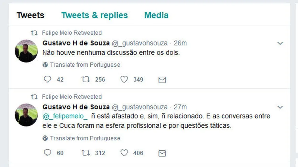 Em rede social, Felipe Melo 'dá RT' em assessor: Não houve discussão