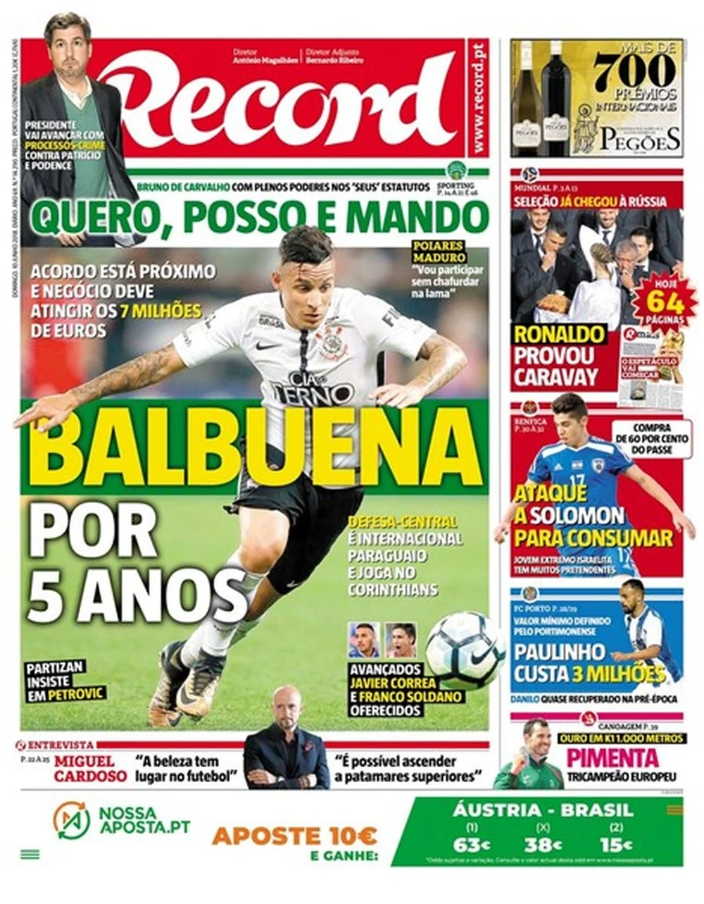 Jornal confunde Balbuena por Guilherme Arana ao falar sobre a negociação do zagueiro com o futebol português 