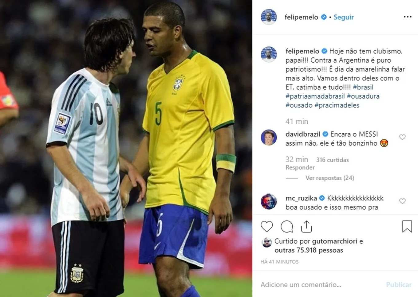 Felipe Melo publica foto provocando a Argentina em rede social