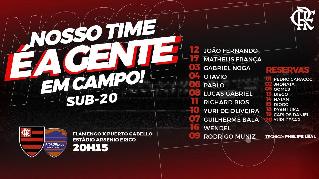 Confira a escalação do Flamengo para encarar o Puerto Cabello (VEN), pela Libertadores Sub-20