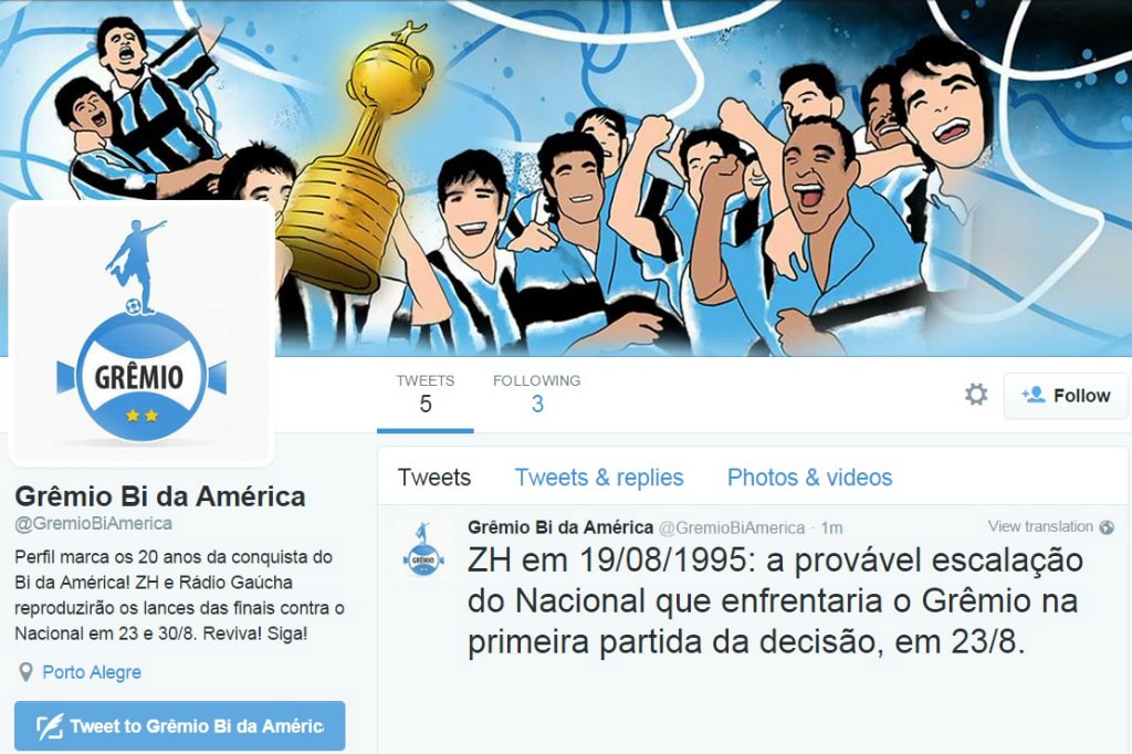 ZH e Rádio Gaúcha reproduzem no Twitter as finais entre Grêmio e Nacional de 1995