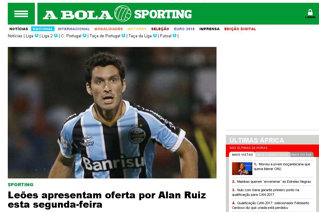 Jornal confunde Alán Ruiz com Riveros ao noticiar interesse do Sporting-POR no meia argentino