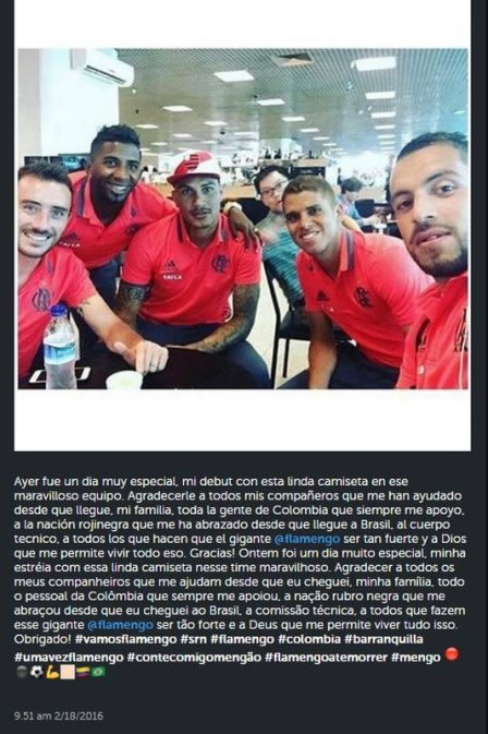 Em português, Cuellar fala de estreia pelo Flamengo: Dia muito especial com essa linda camiseta