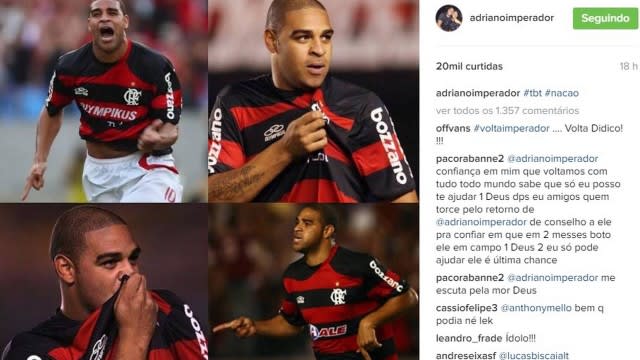 Adriano Imperador posta fotos antigas com a camisa do Flamengo e torcedores pedem seu retorno