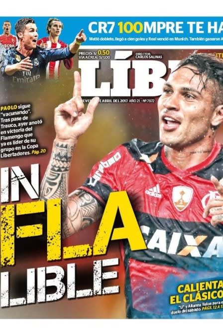 Guerrero é capa de jornal peruano, que faz trocadilho com o Flamengo: ‘InFLAlível’