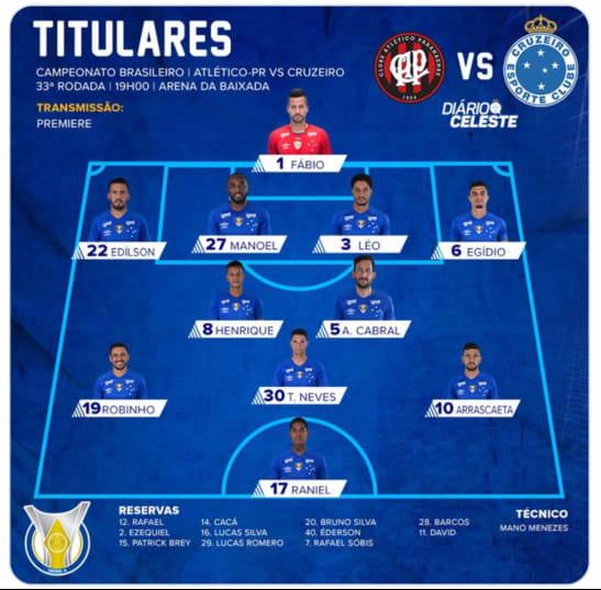 Cruzeiro escalado para enfrentar o Atlético Paranaense!