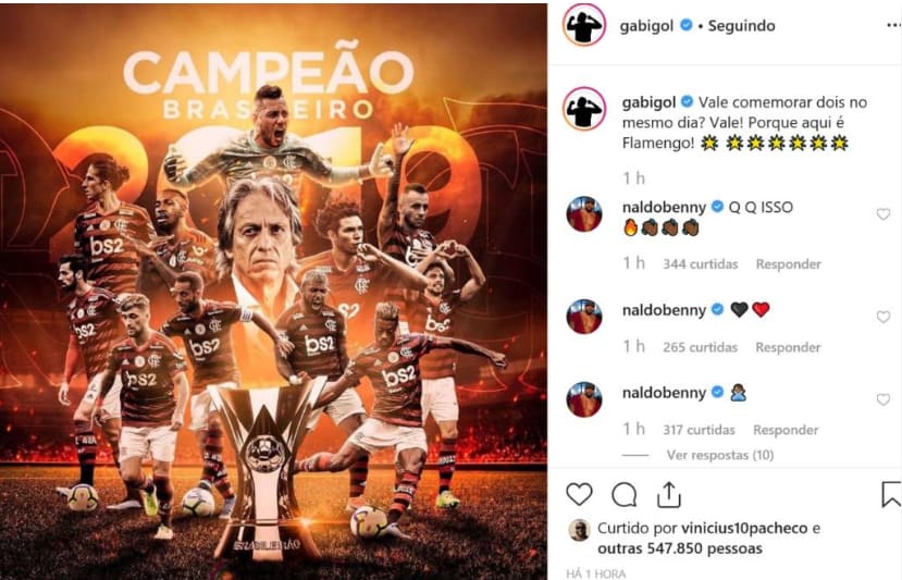 Jogadores do Flamengo vibram com título brasileiro nas redes sociais