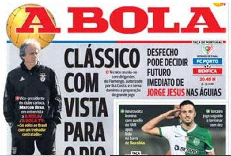 Novela Jorge Jesus-Flamengo domina jornais portugueses em dia de clássico do Benfica