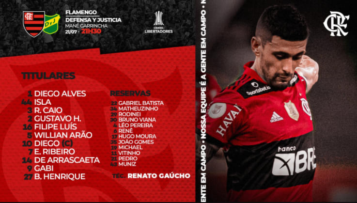 Escalação Oficial! Veja o time do Flamengo para enfrentar o Defensa y Justicia