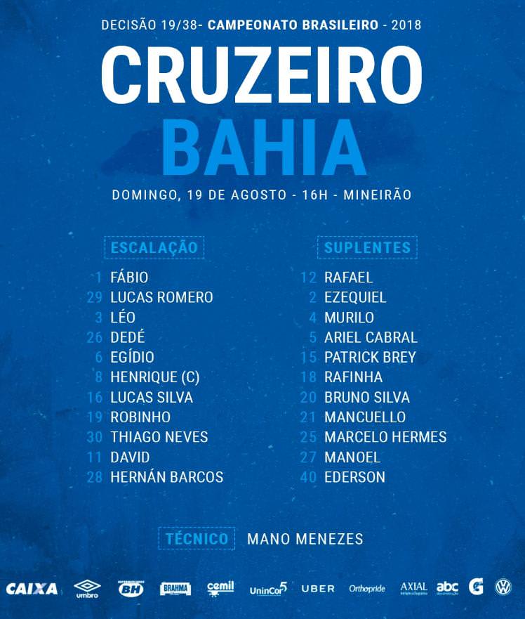 Veja a escalação do Cruzeiro para a partida contra o Bahia