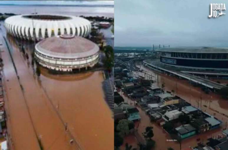 Estádios Beira-Rio, do Inter, e Arena do Grêmio completamente inundados pela água