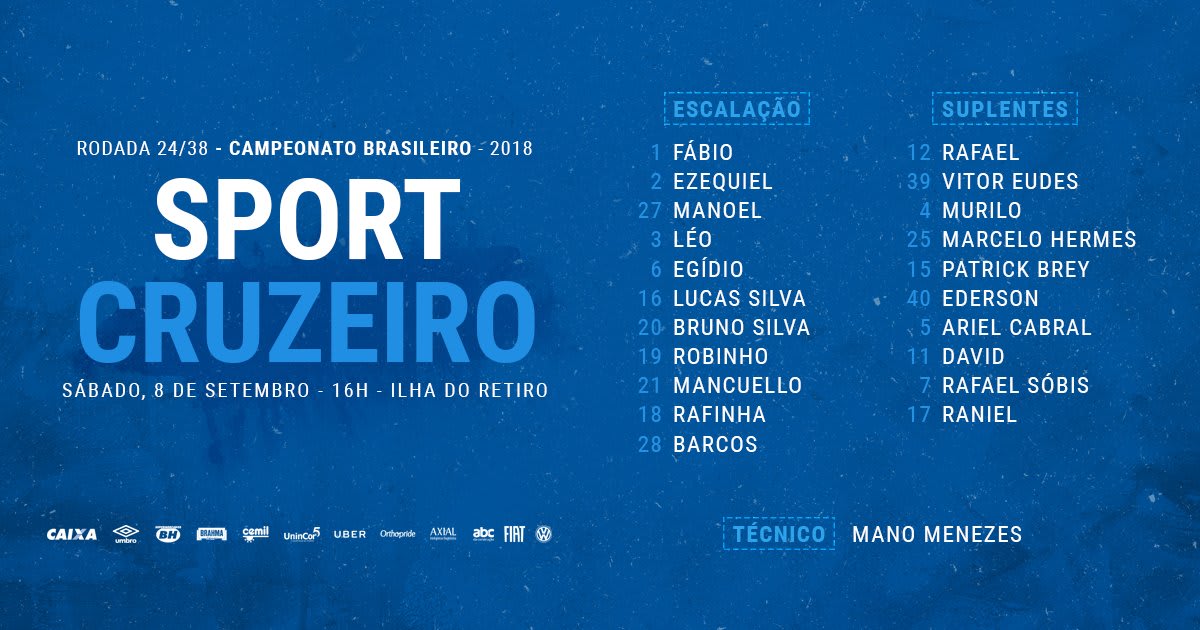 Veja a escalação do Cruzeiro para a partida contra o Sport