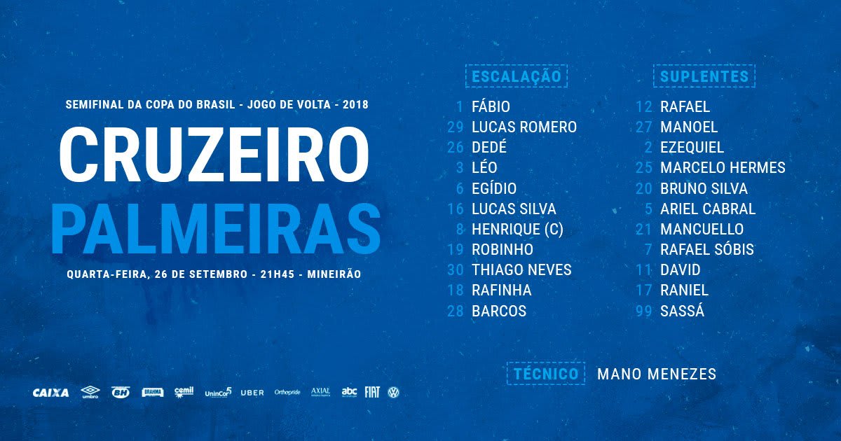 Veja a escalação oficial do Cruzeiro para a partida contra o Palmeiras