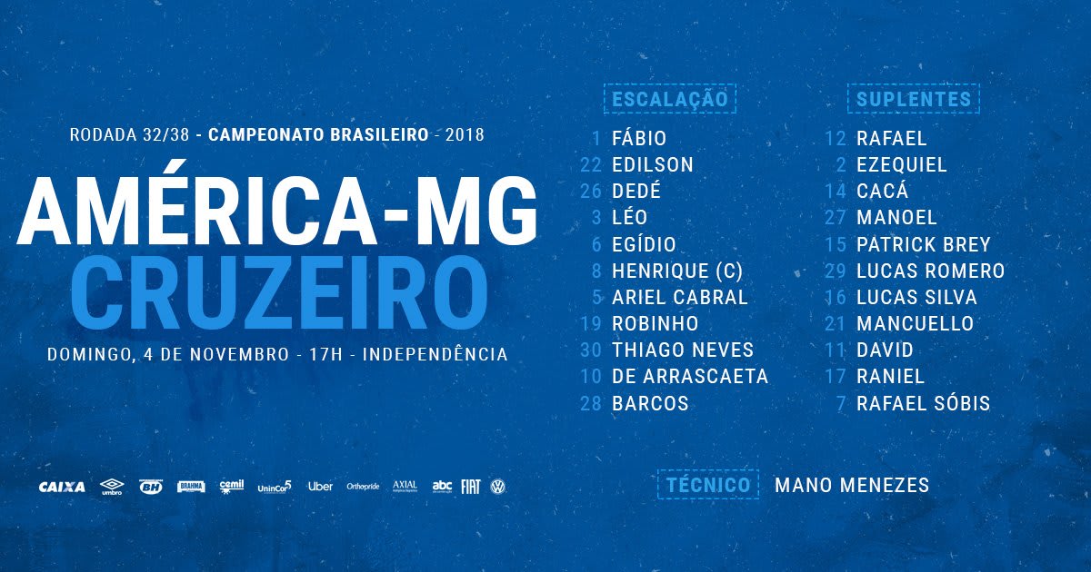 Veja a escalação do Cruzeiro para a partida contra a América-MG