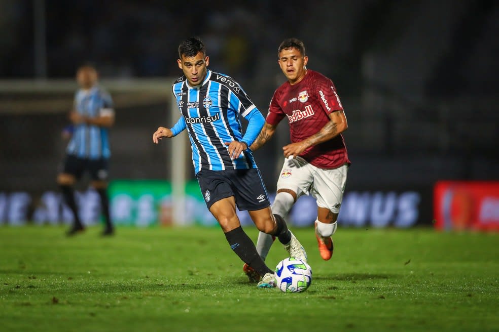 Em 2023, Grêmio de Cristaldo foi derrotado pelo Bragantino no Nabi Abi Chedid — Foto: Lucas Uebel/Grêmio