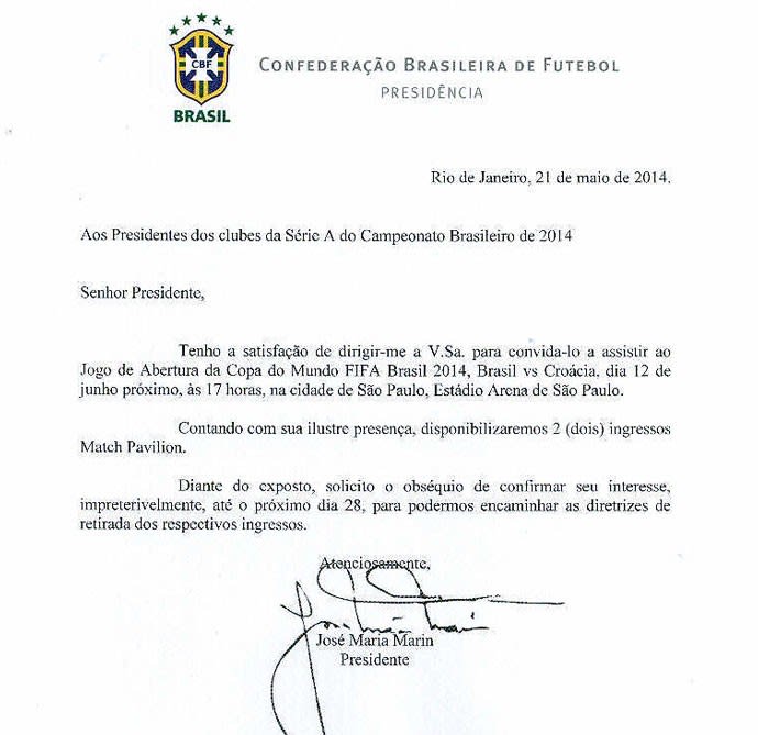 Marin convida presidentes da Série A para abertura da Copa: ingresso de R$ 3,2 mil