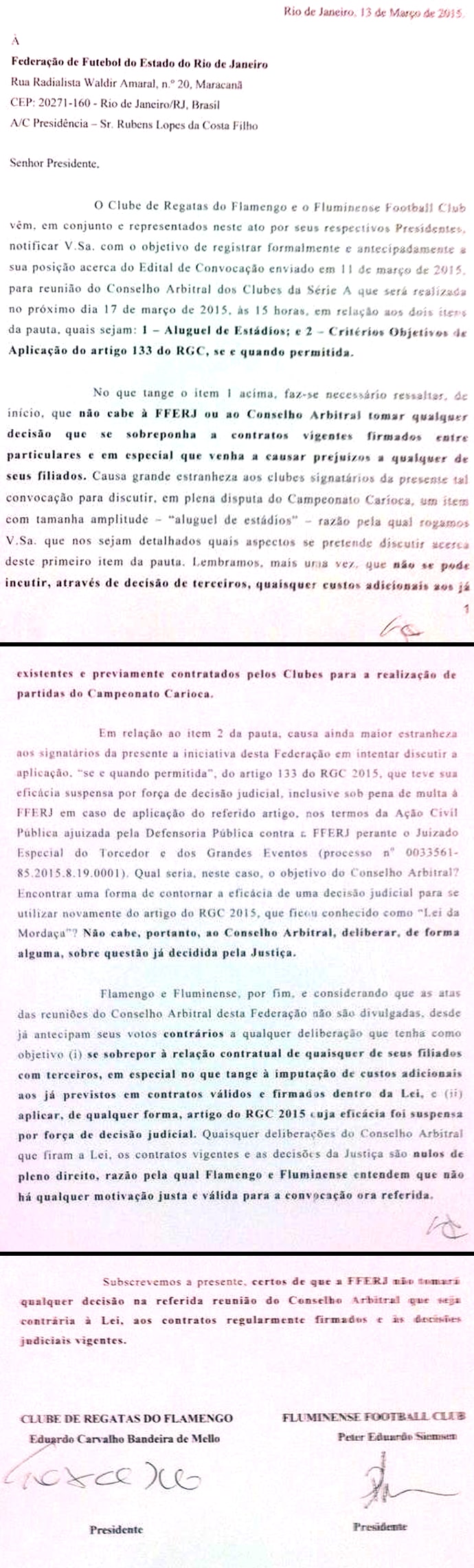 Flamengo e Fluminense entram com representação contra arbitral na Ferj