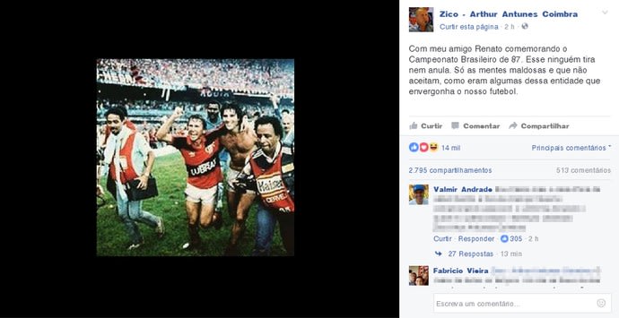 Zico posta foto do título de 87 ao lado de Renato: Ninguém tira e nem anula
