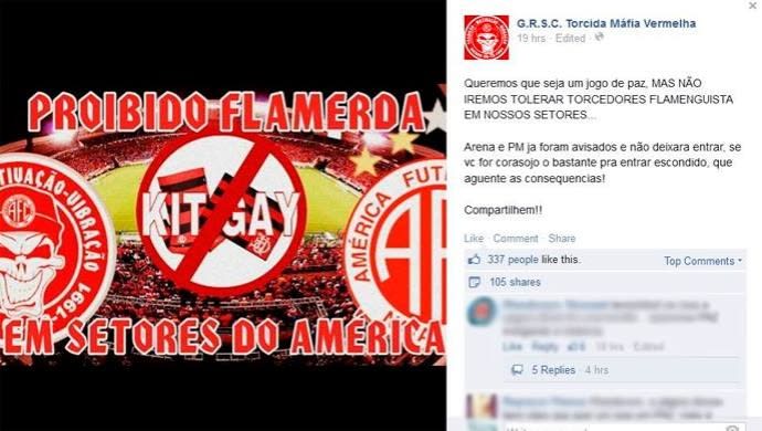 Não iremos tolerar flamenguistas,  diz organizada do América-RN