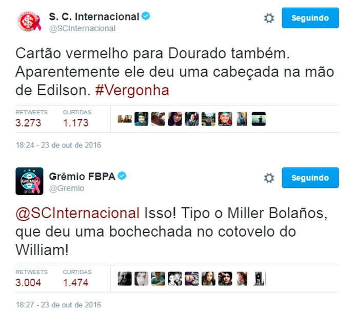 Após tumulto e briga no Gre-Nal, Inter e Grêmio trocam ironias no Twitter