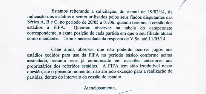 Irredutível, Fifa não vai ceder estádios da Copa para o Campeonato Brasileiro