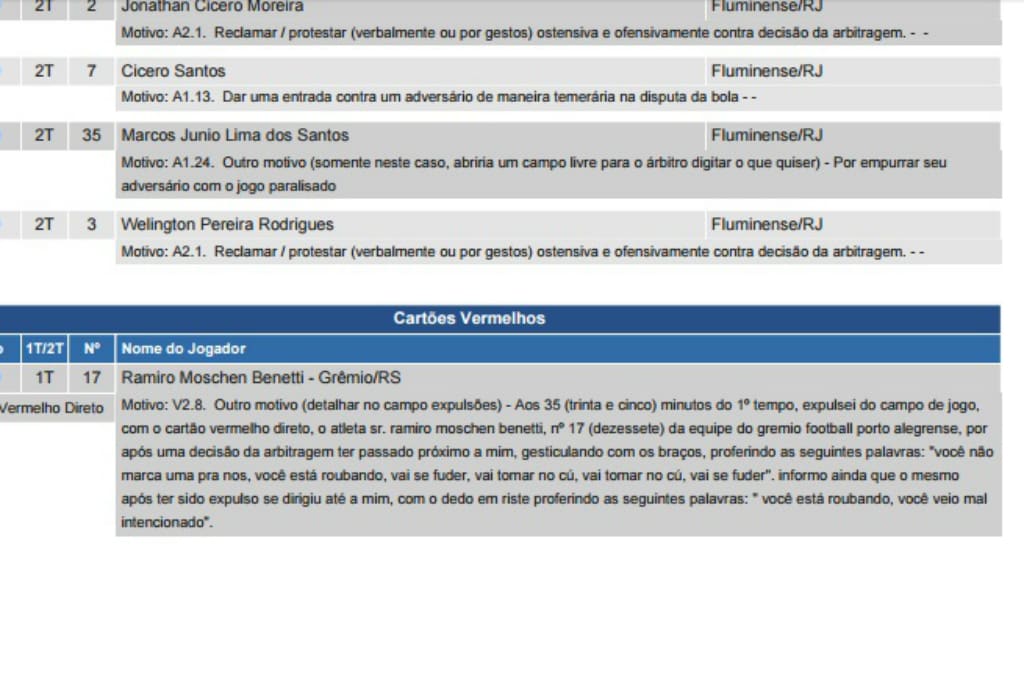 Árbitro de Fluminense x Grêmio relata ofensas de Ramiro em súmula do jogo