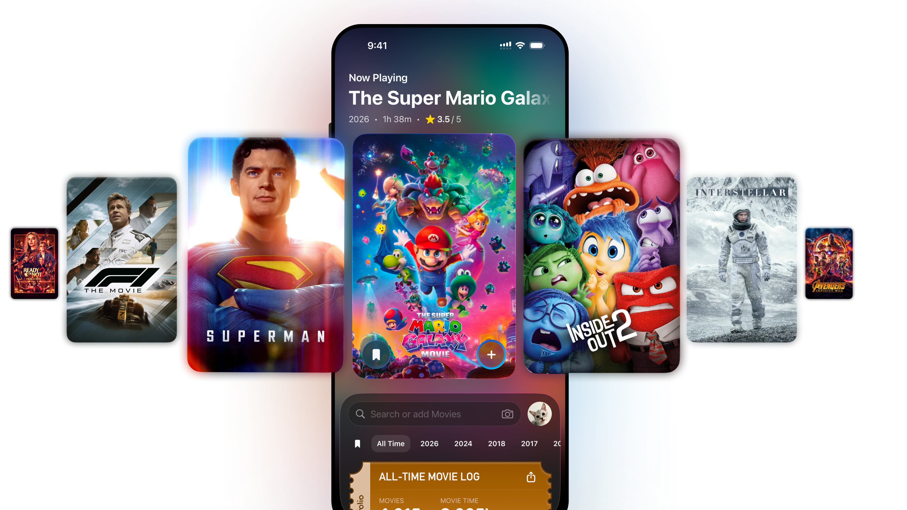 Movfolio app preview showing movie cards, watch history, and ticket scanning.
