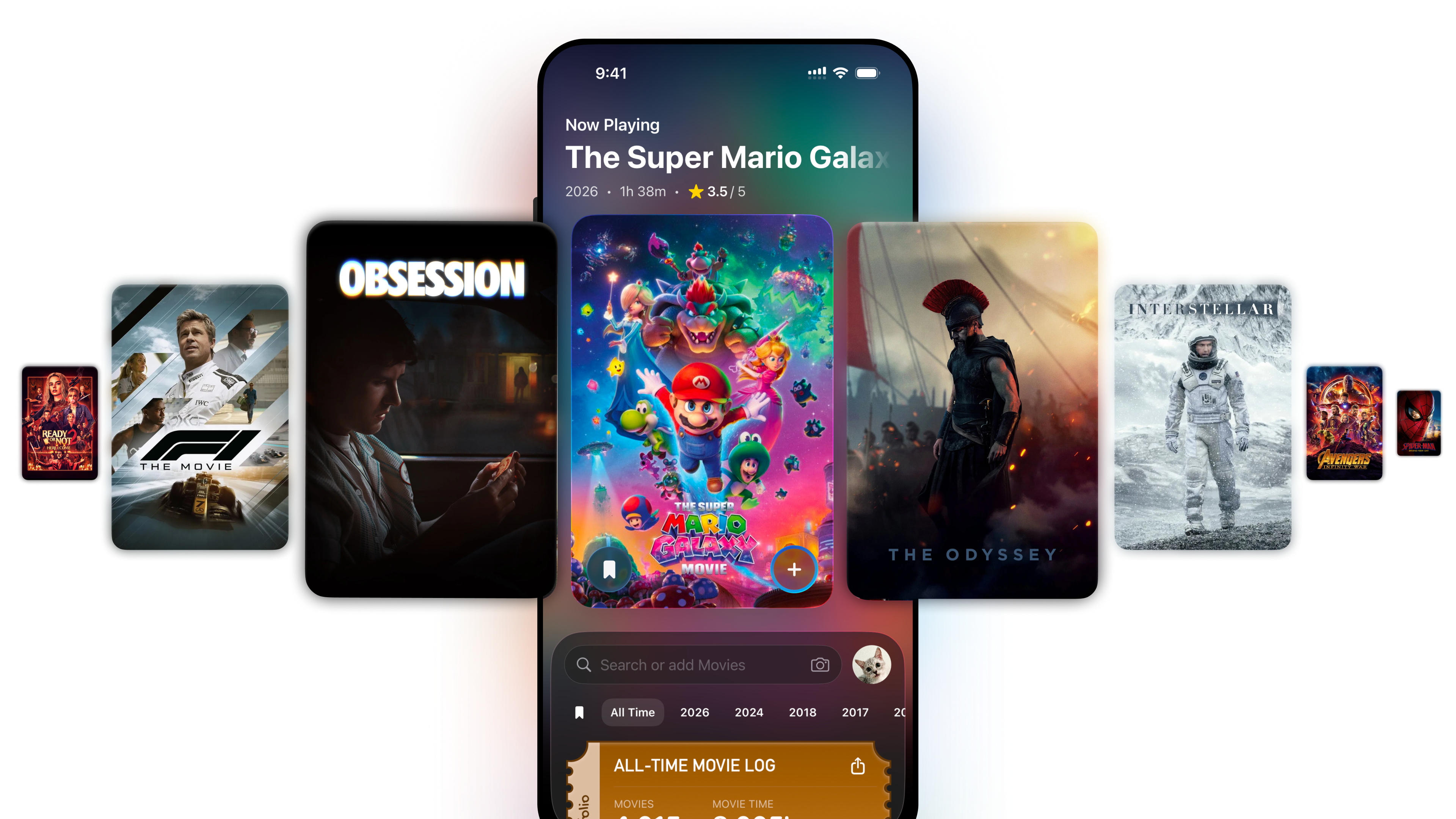 Movfolio app preview showing movie cards, watch history, and ticket scanning.