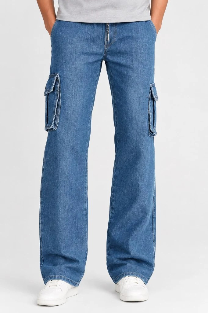 Vintage Wash Baggy Cargo Jeans (Light Blue)