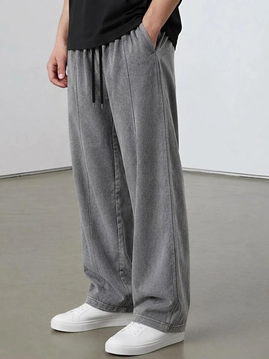 Wide-Leg Pleated Trouser (Acid Washed Grey)