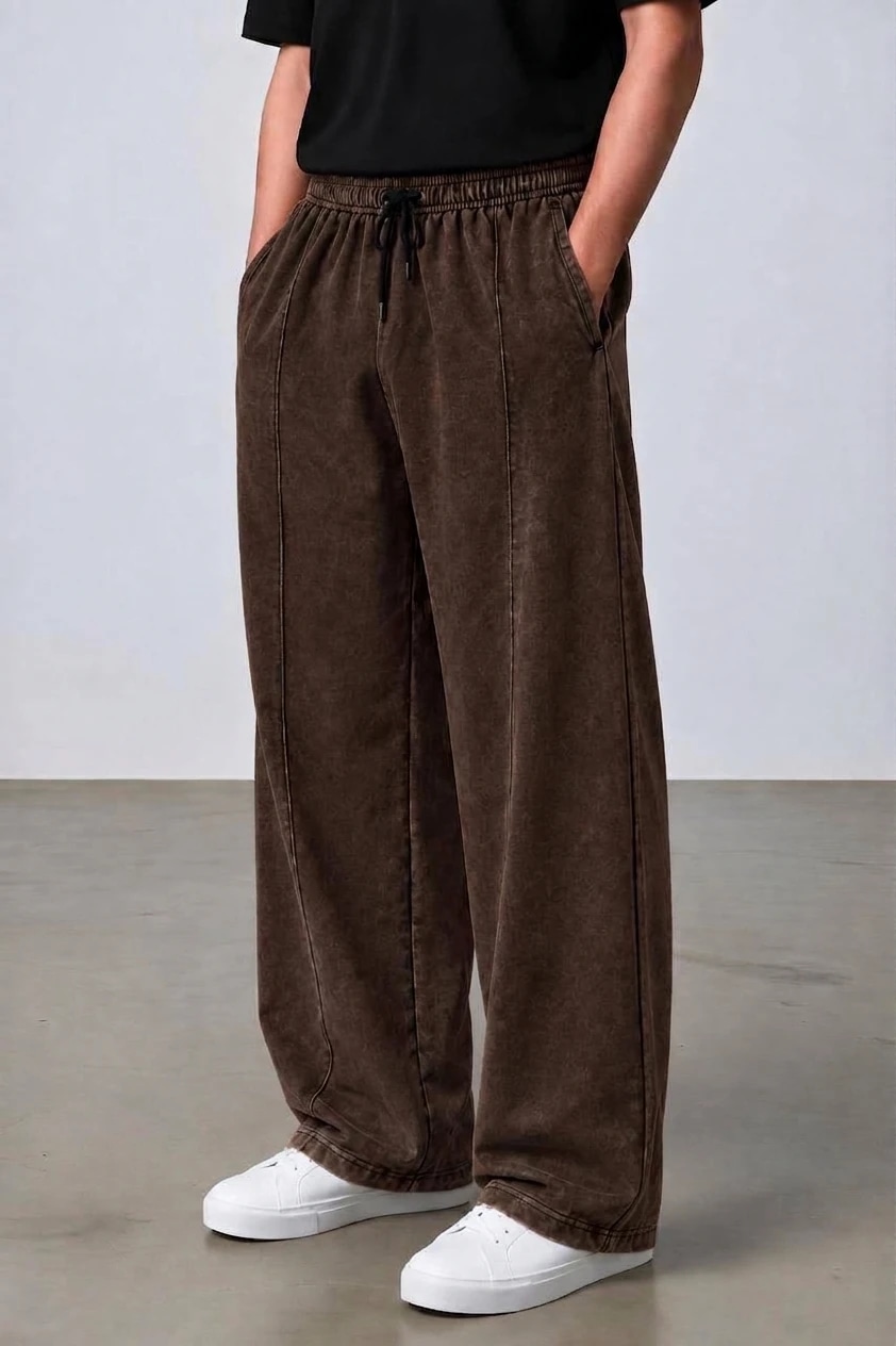 Wide-Leg Seam-Detail Trouser (Mineral Washed Brown)