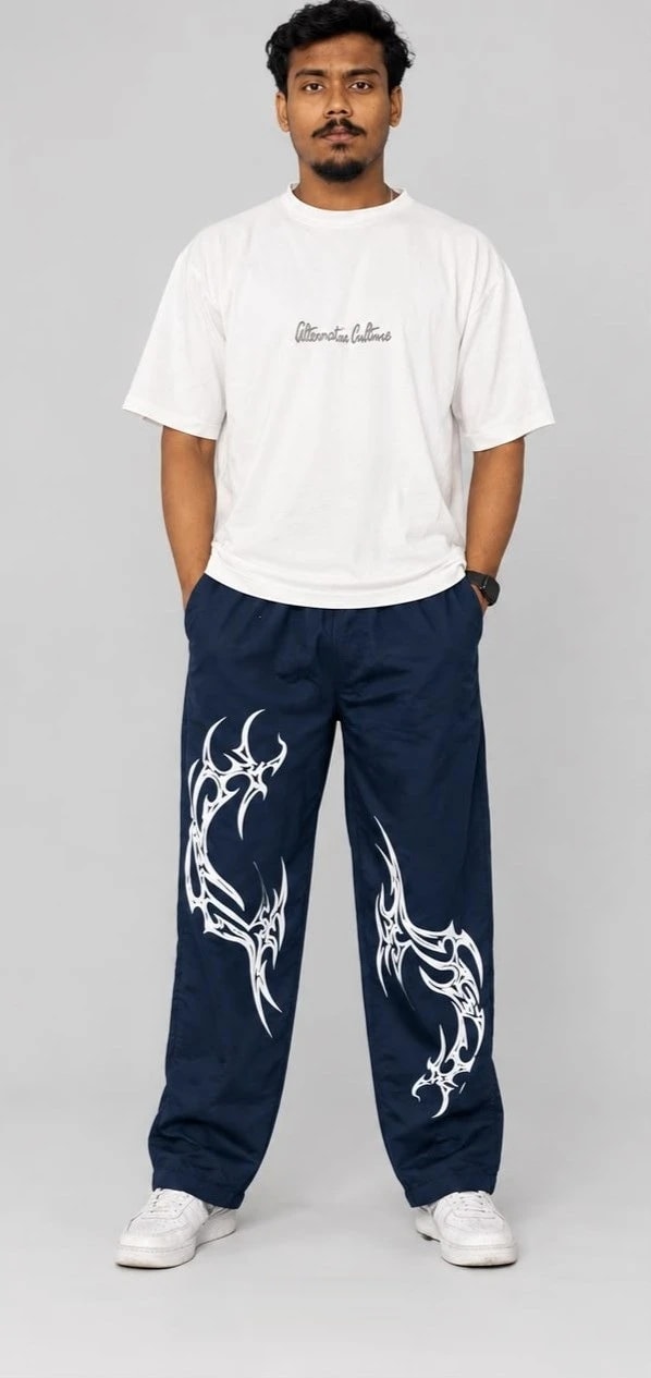 Tribal Print Wide-Leg Trouser (Navy Blue)