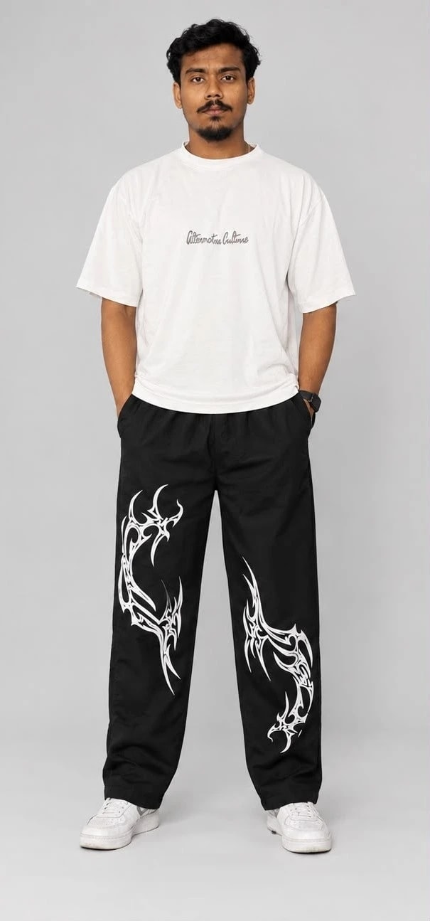 Tribal Print Wide-Leg Trouser (Black)