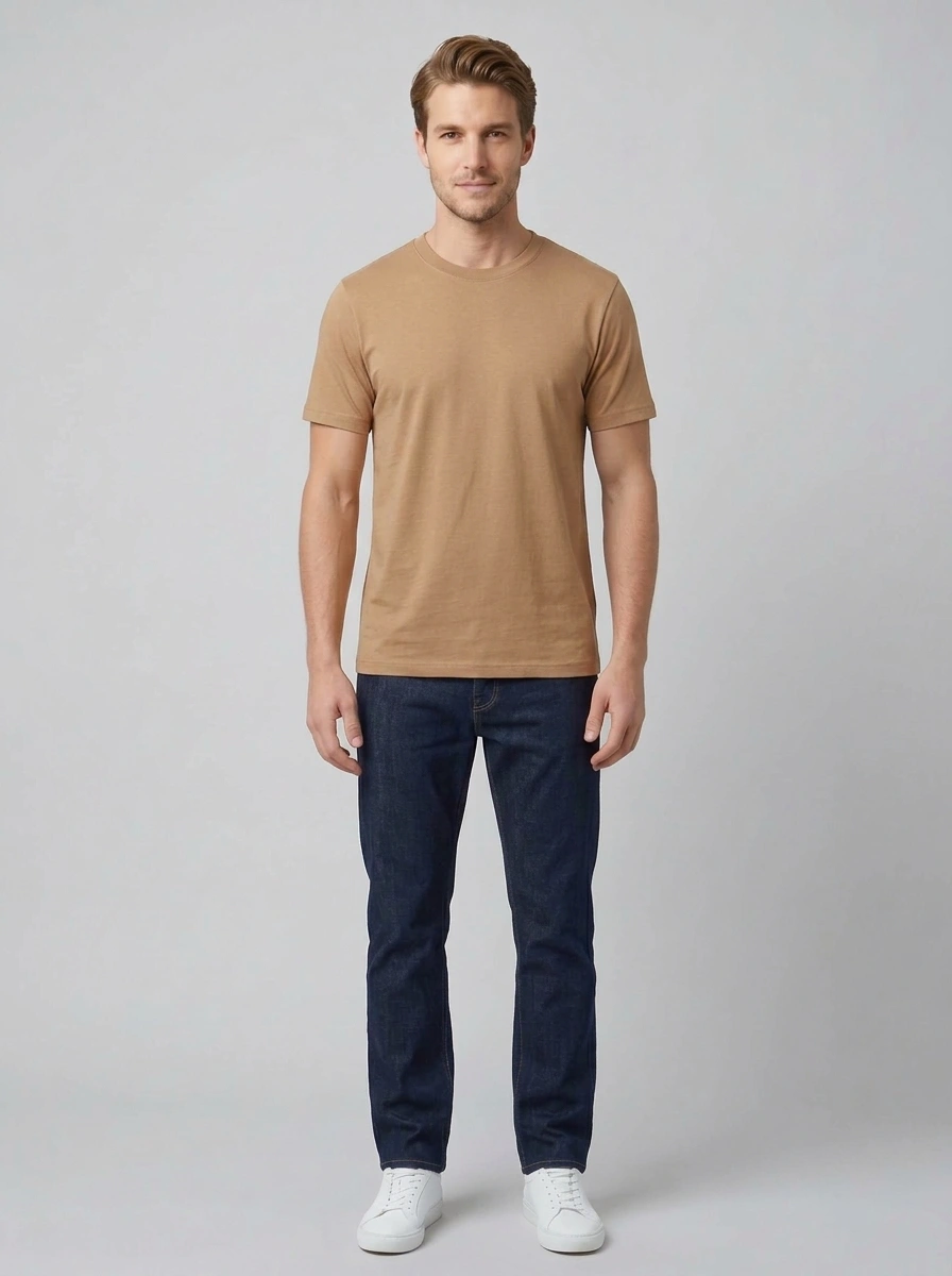 Essential Cotton Crewneck T-Shirt (Light Brown) — second view