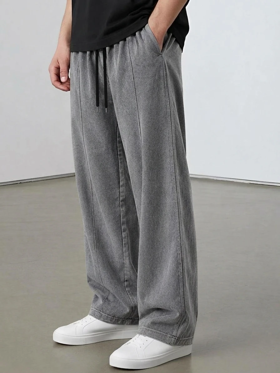 Wide-Leg Pleated Trouser (Acid Washed Grey)