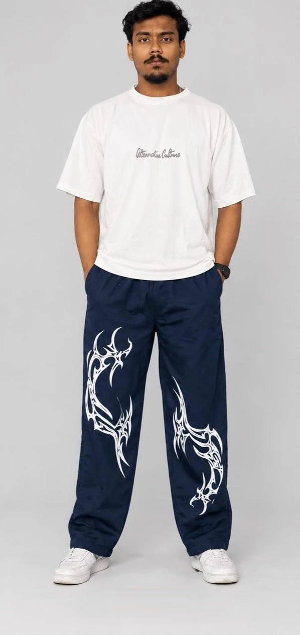 Tribal Print Wide-Leg Trouser (Navy Blue)