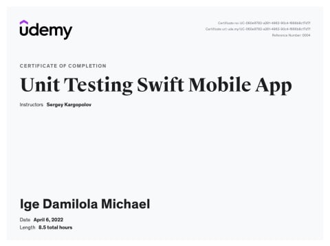 Unit Testing Swift Mobile App certificate preview