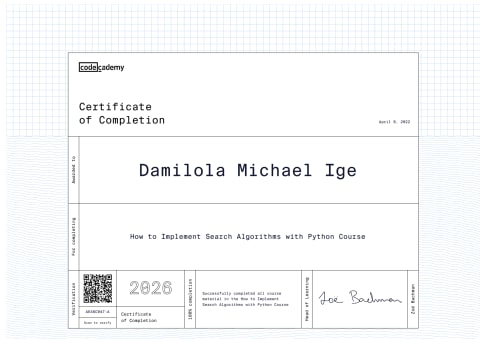 How to Implement Search Algorithms with Python Course certificate preview