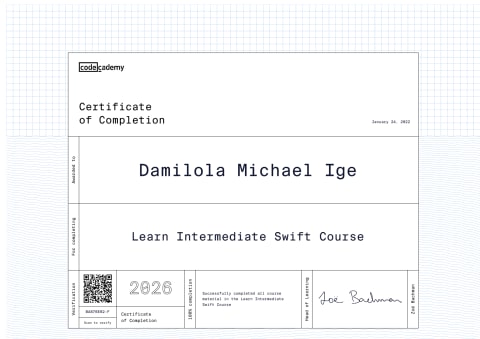 Learn Intermediate Swift Course certificate preview