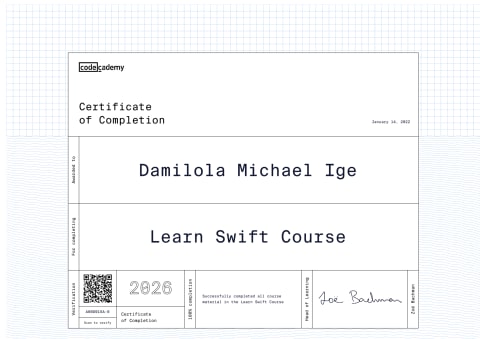 Learn Swift Course certificate preview