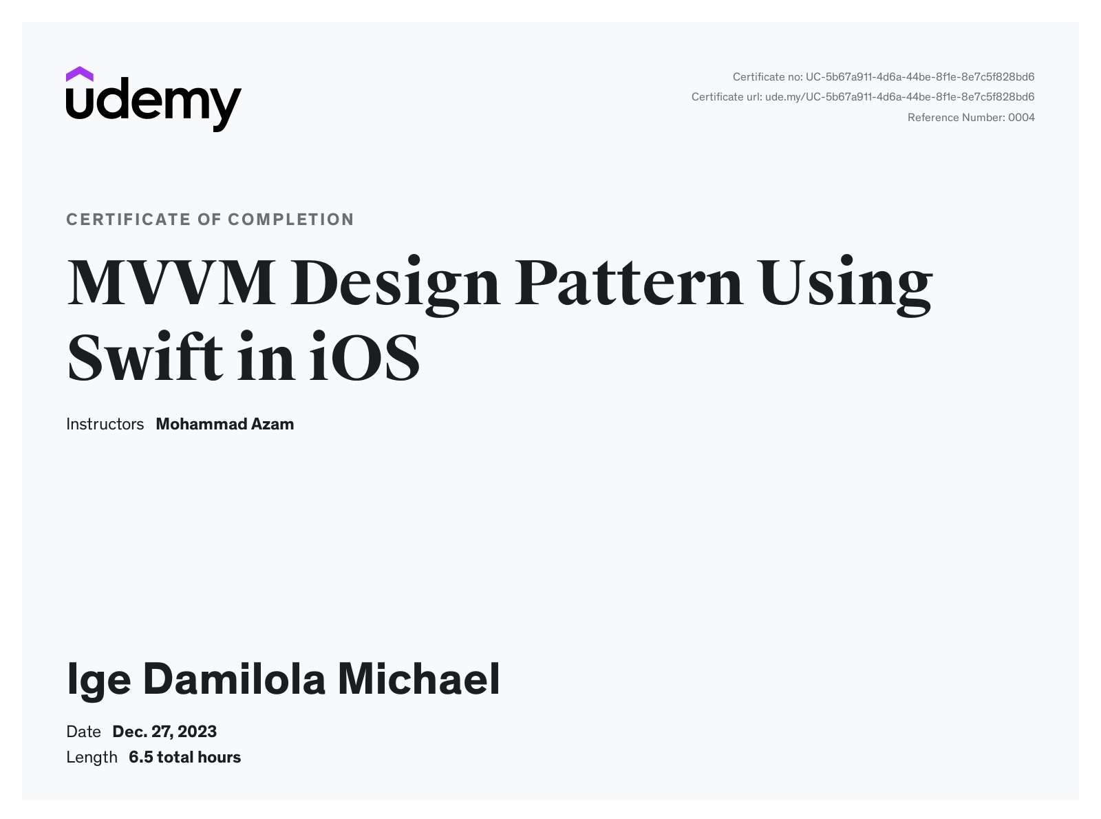 MVVM Design Pattern Using Swift in iOS certificate preview