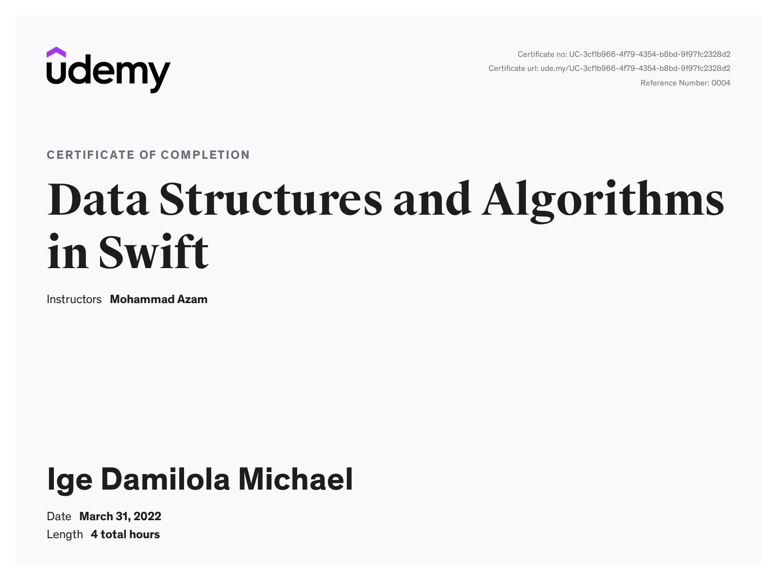 Data Structures and Algorithms in Swift certificate preview