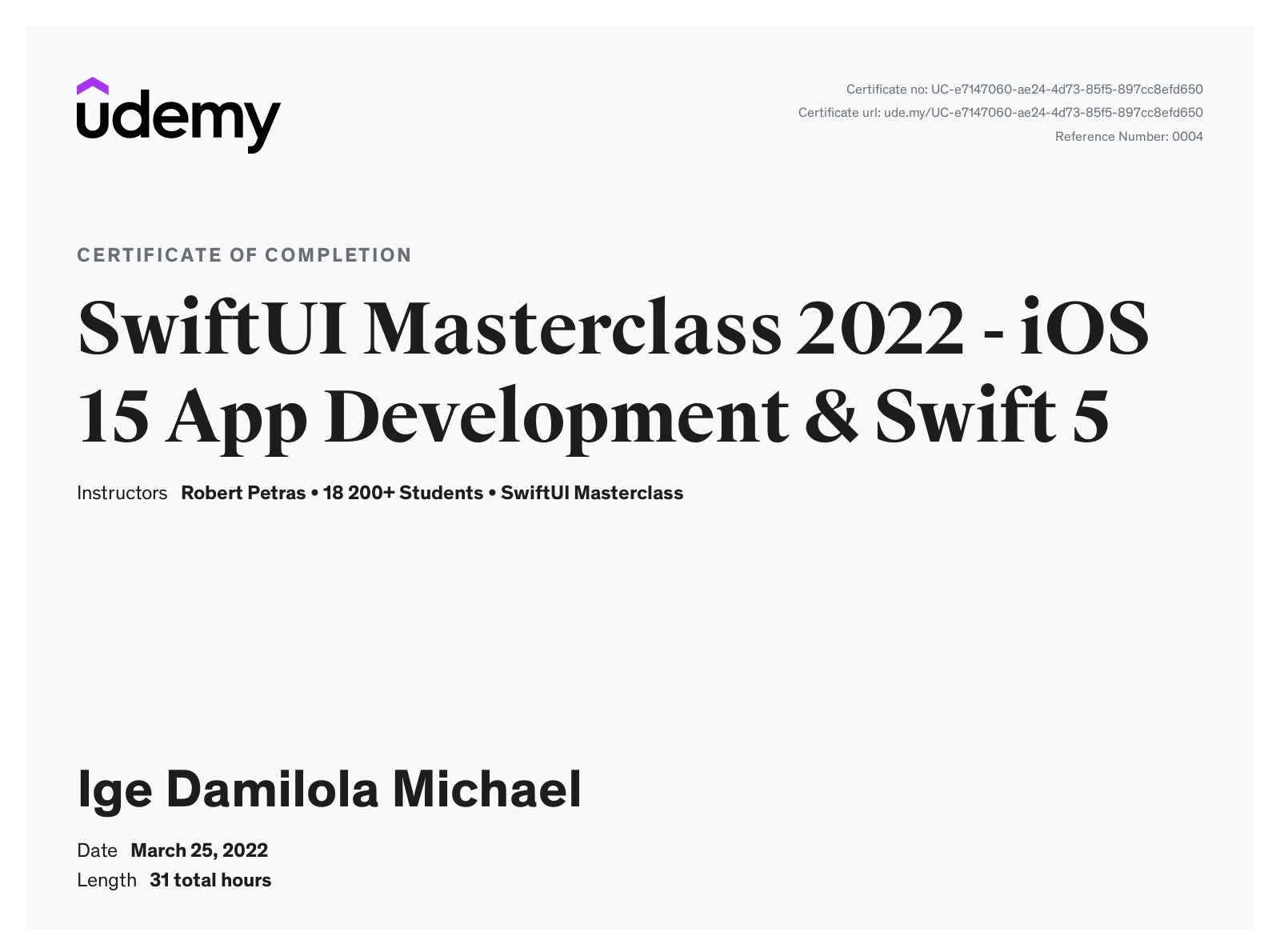 SwiftUI Masterclass 2022 certificate preview