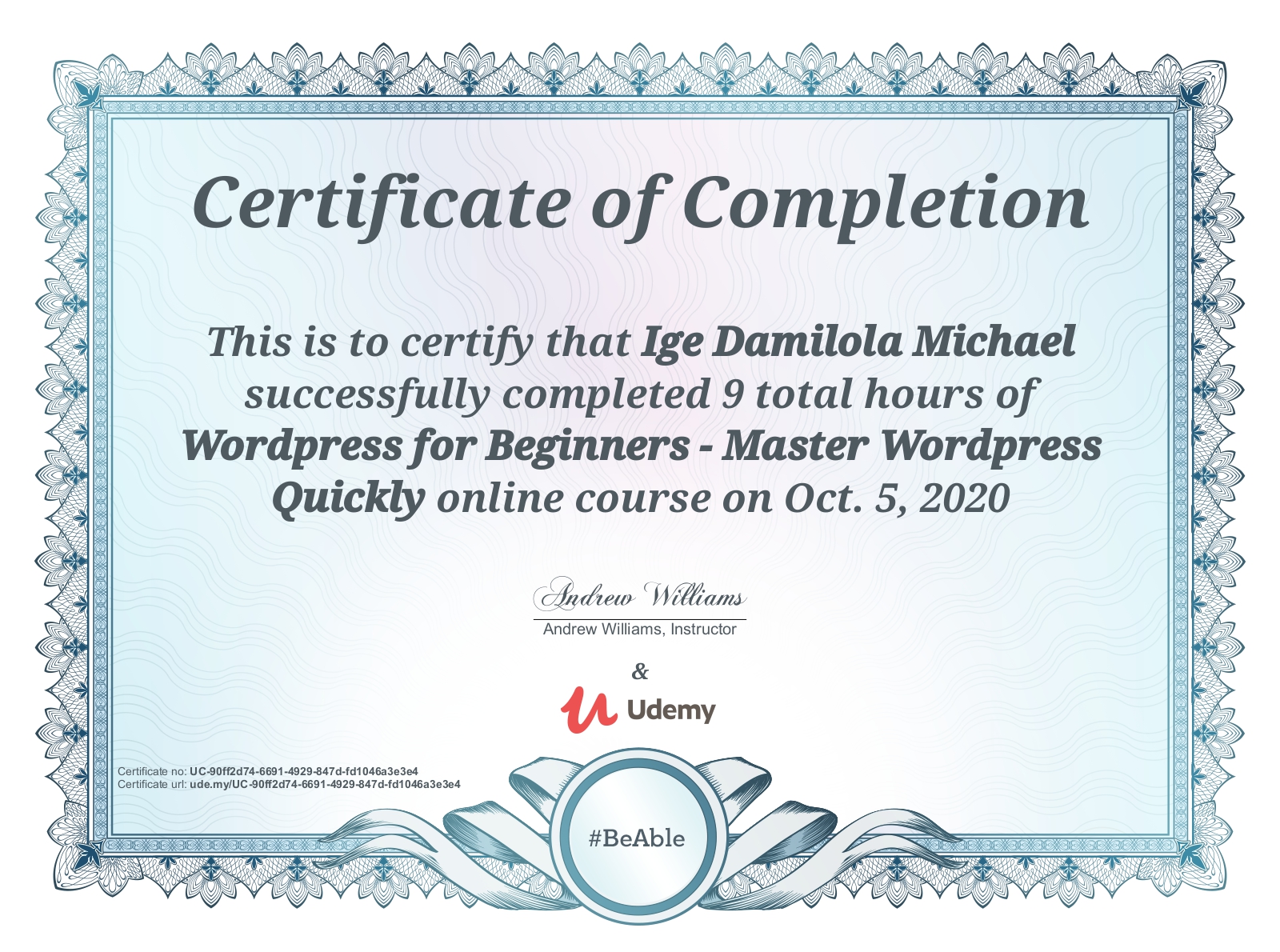 Wordpress for Beginners - Master Wordpress Quickly certificate preview