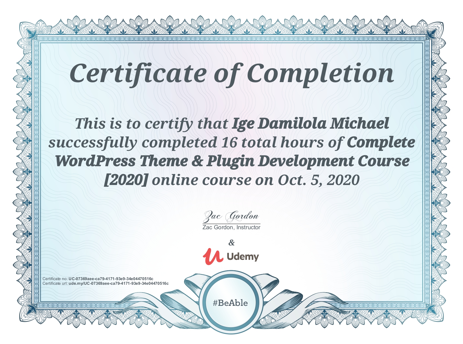 Complete WordPress Theme & Plugin Development Course certificate preview