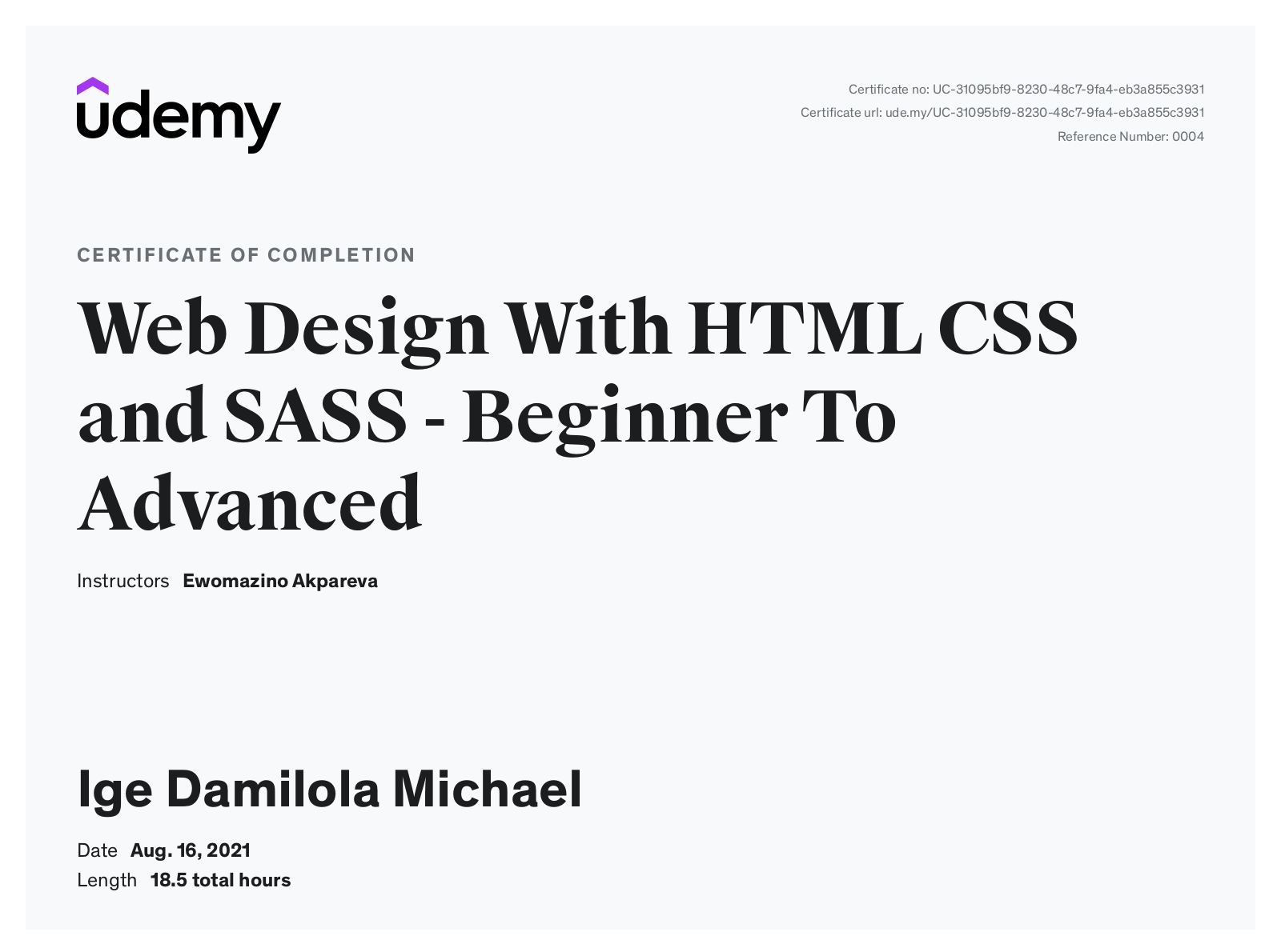HTML CSS and SASS Bootcamp certificate preview