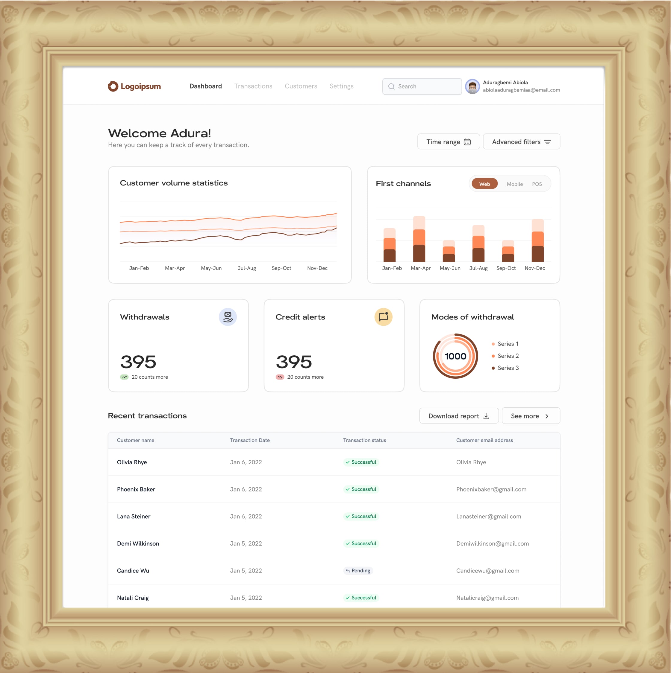 screenshot of logoipsum dashboard in a frame