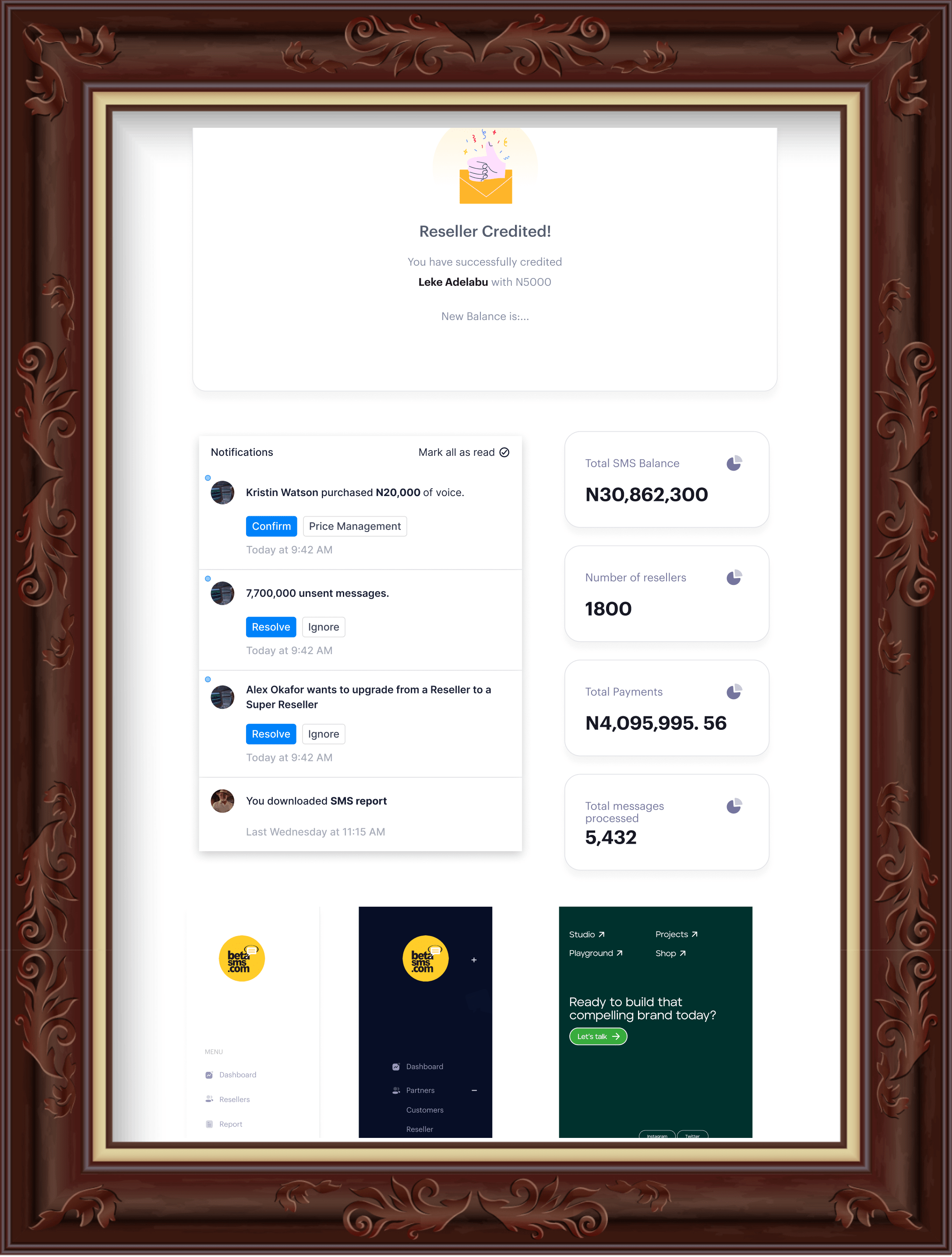 screenshots from betasms dashboard in a frame