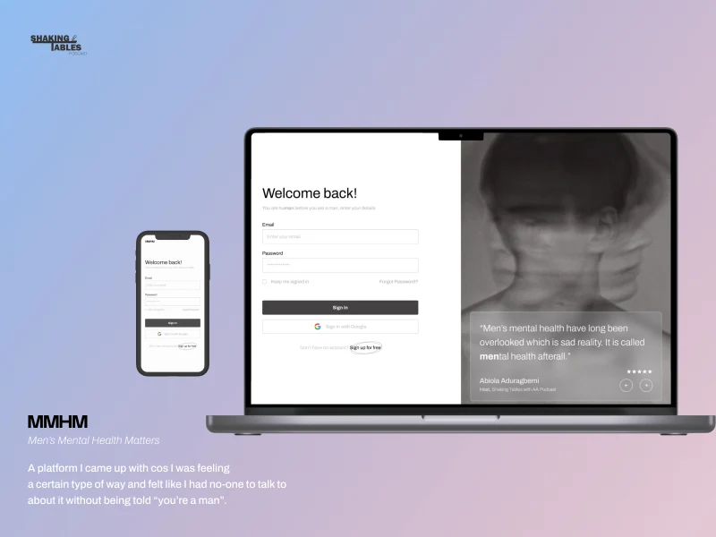 login screen for men's mental health platform