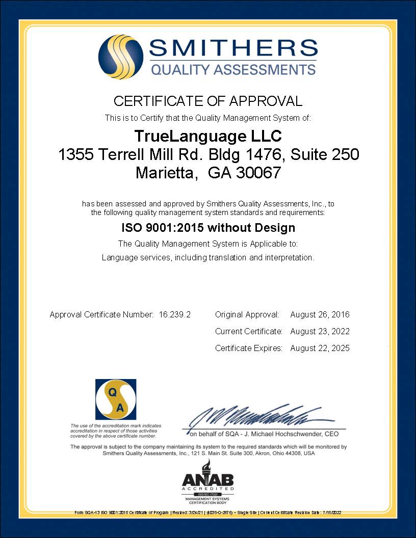 ISO Certificate TrueLanguage 2023